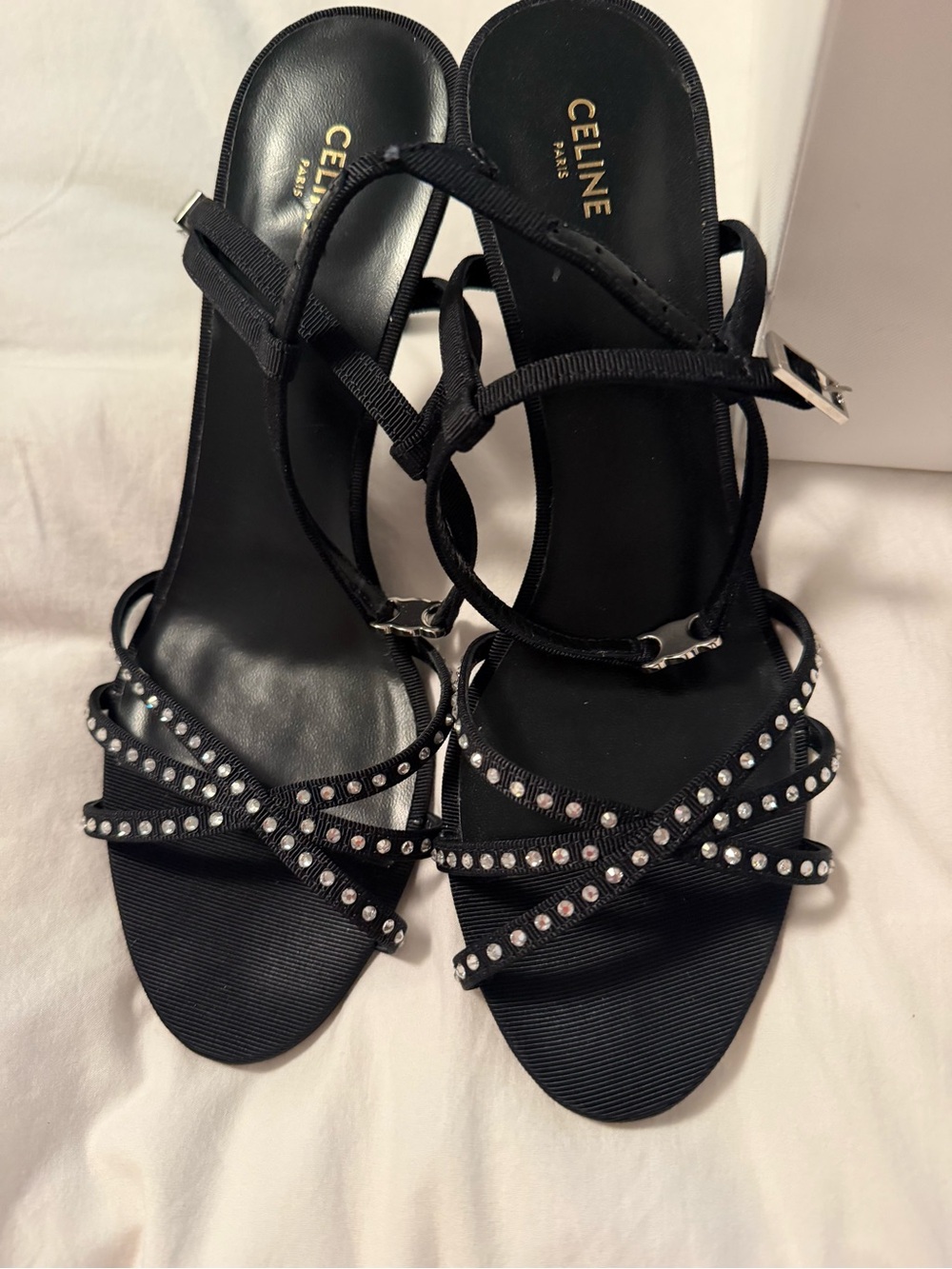 Celine Black Crystal-Strap Heeled Sandals sz 37 NIB